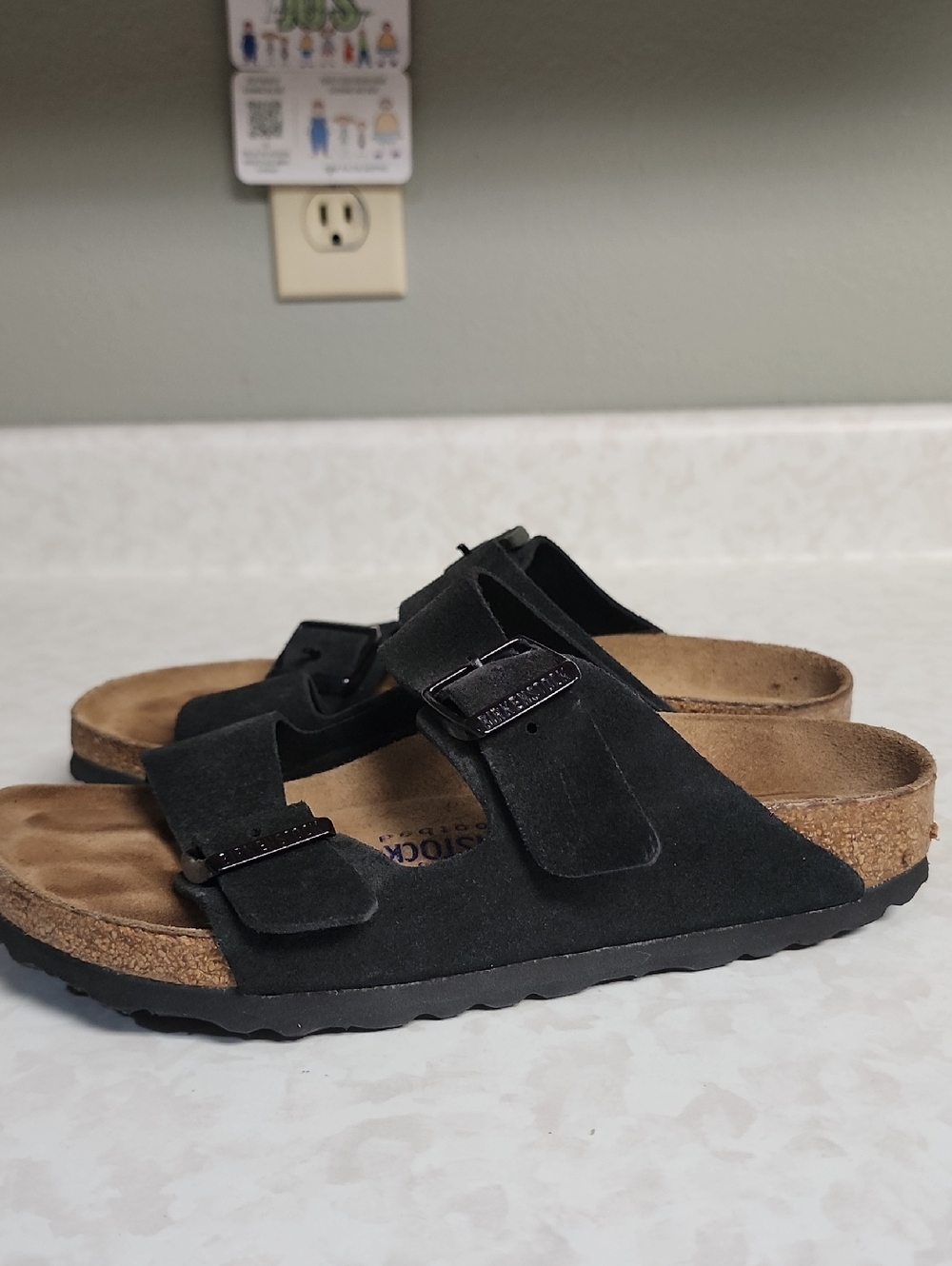 Birkenstock Black Suede Two-Strap Cork Footbed Sandals womens 4.5 number 1895